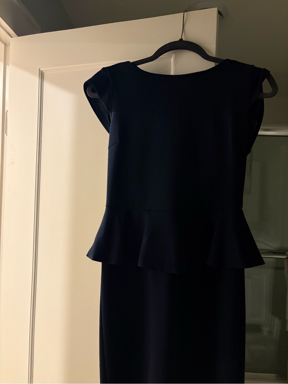 Central Park West Navy Peplum Midi Sheath Dress